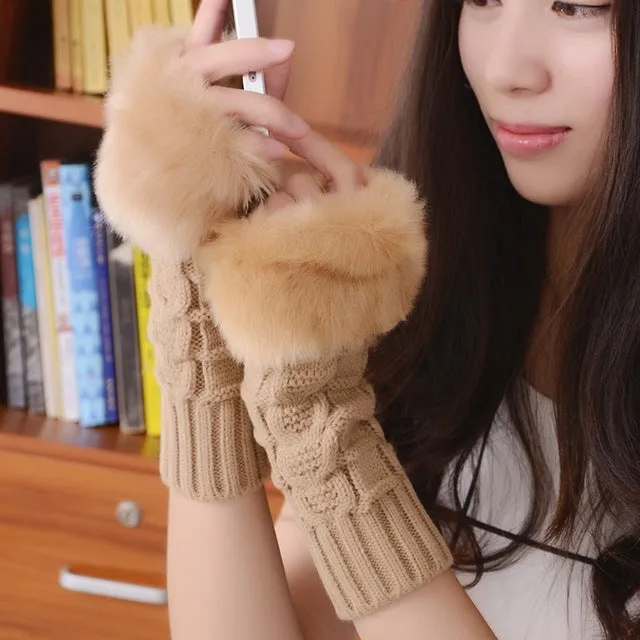 Knitted Woolen Gloves Artificial Fur Long