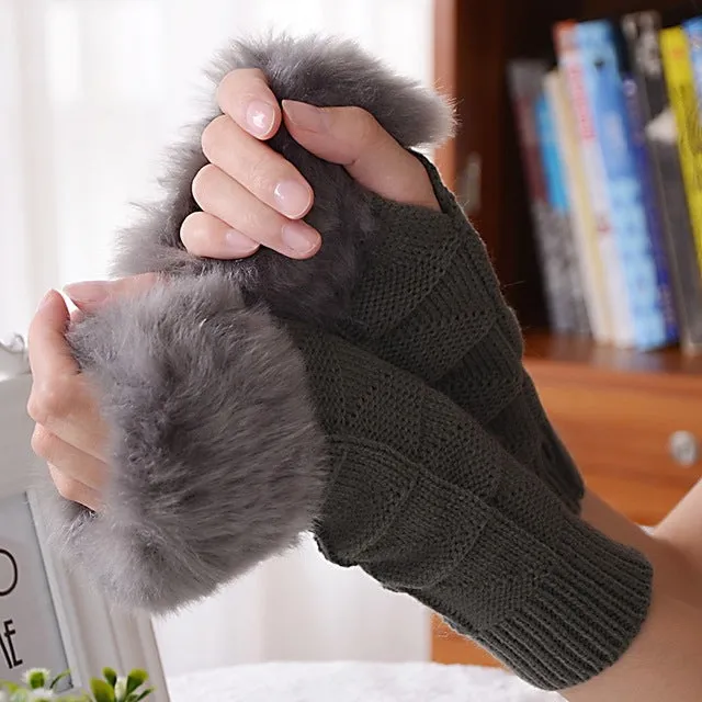 Knitted Woolen Gloves Artificial Fur Long