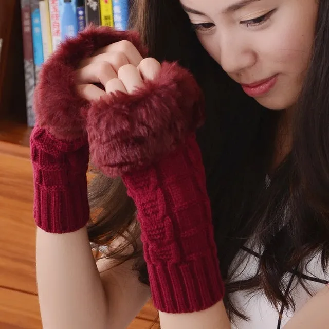 Knitted Woolen Gloves Artificial Fur Long
