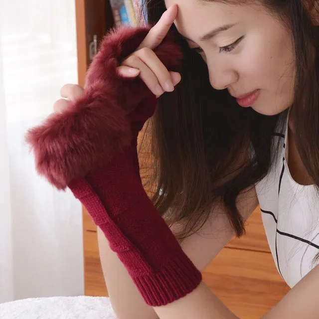 Knitted Woolen Gloves Artificial Fur Long