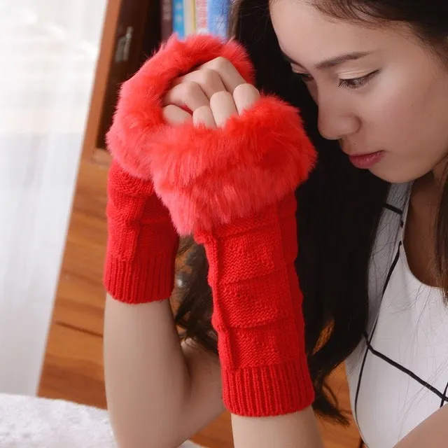 Knitted Woolen Gloves Artificial Fur Long