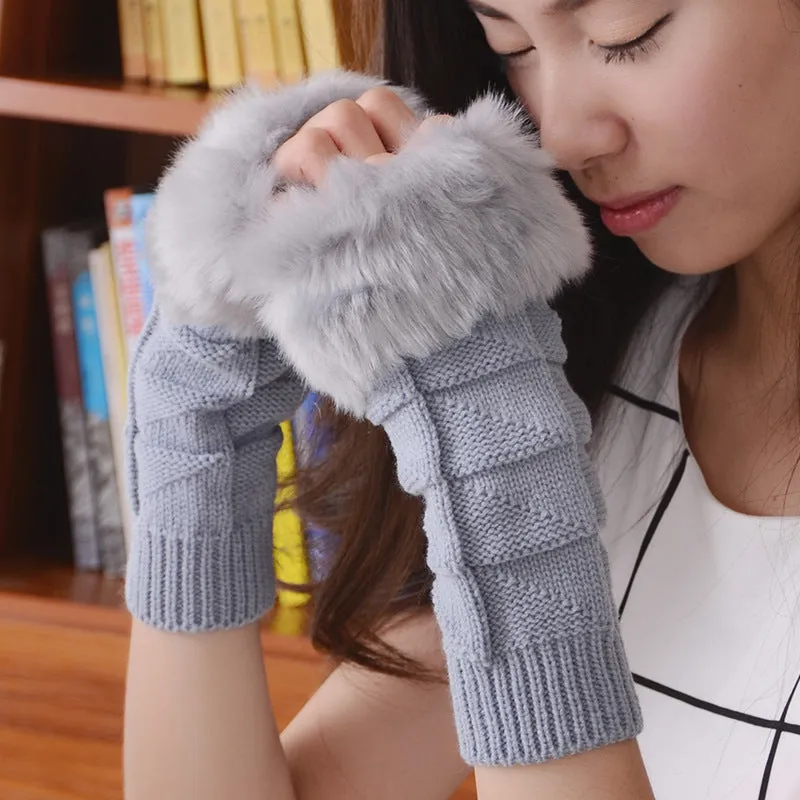 Knitted Woolen Gloves Artificial Fur Long