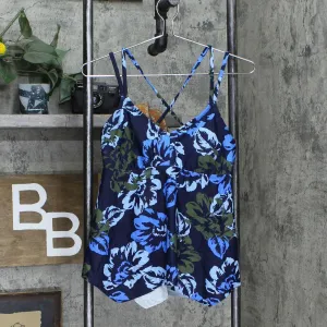 Kona Sol Women's Double Strap Tankini Top Navy Blue Floral Medium