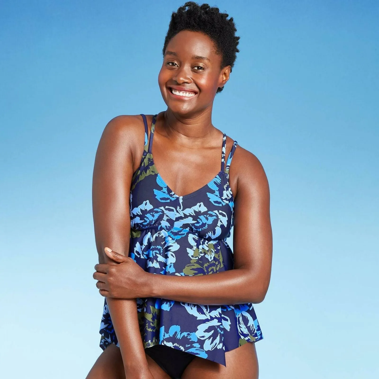Kona Sol Women's Double Strap Tankini Top Navy Blue Floral Medium