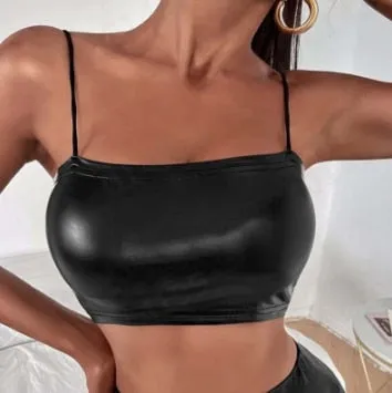 Ladies Leather Spaghetti Strap Crop Top