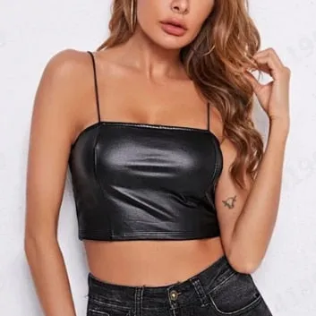 Ladies Leather Spaghetti Strap Crop Top