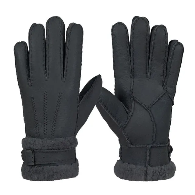 Leather Fur Sheepskin Gloves Fashion Men Winter Autumn Warm Thermal Wool Fleece Snow Mittens Outdoor Five Finger Wrist Gloves