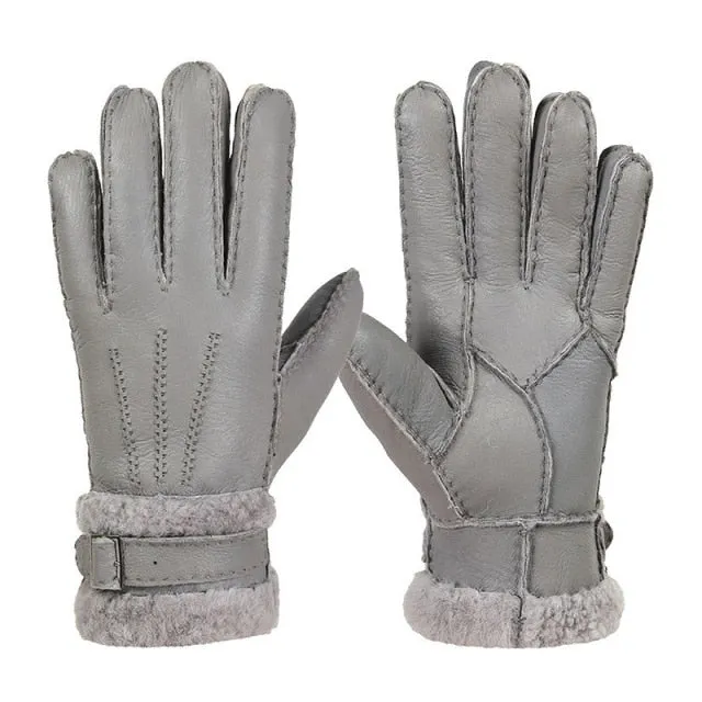 Leather Fur Sheepskin Gloves Fashion Men Winter Autumn Warm Thermal Wool Fleece Snow Mittens Outdoor Five Finger Wrist Gloves