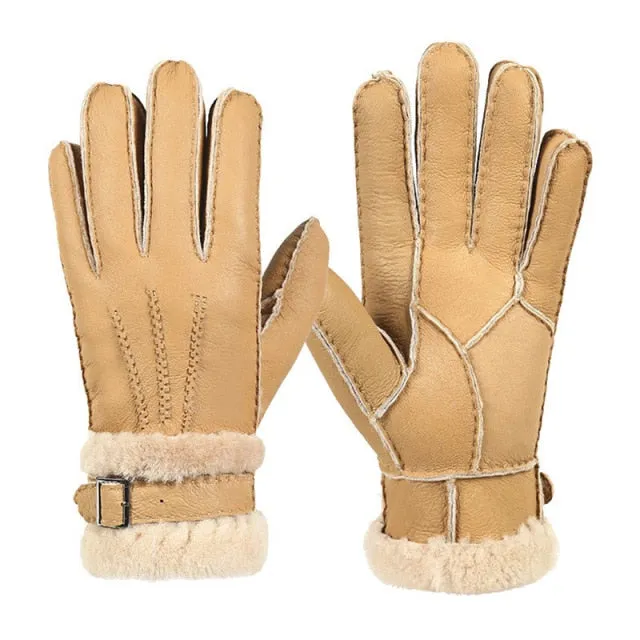 Leather Fur Sheepskin Gloves Fashion Men Winter Autumn Warm Thermal Wool Fleece Snow Mittens Outdoor Five Finger Wrist Gloves