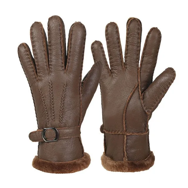 Leather Fur Sheepskin Gloves Fashion Men Winter Autumn Warm Thermal Wool Fleece Snow Mittens Outdoor Five Finger Wrist Gloves