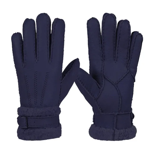 Leather Fur Sheepskin Gloves Fashion Men Winter Autumn Warm Thermal Wool Fleece Snow Mittens Outdoor Five Finger Wrist Gloves