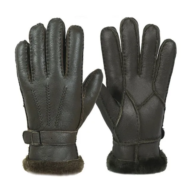Leather Fur Sheepskin Gloves Fashion Men Winter Autumn Warm Thermal Wool Fleece Snow Mittens Outdoor Five Finger Wrist Gloves