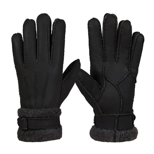 Leather Fur Sheepskin Gloves Fashion Men Winter Autumn Warm Thermal Wool Fleece Snow Mittens Outdoor Five Finger Wrist Gloves