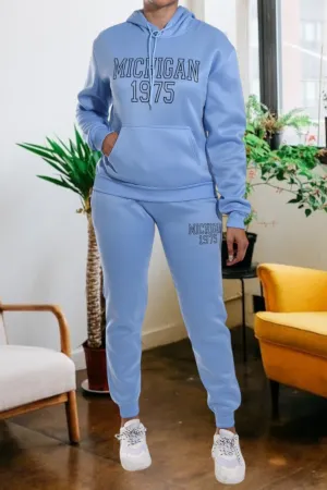 Letter Graphic Blue Hoody Tracksuit Set