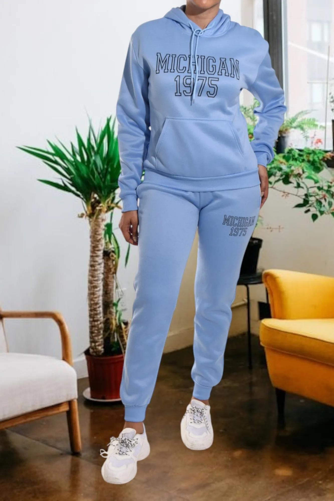Letter Graphic Blue Hoody Tracksuit Set