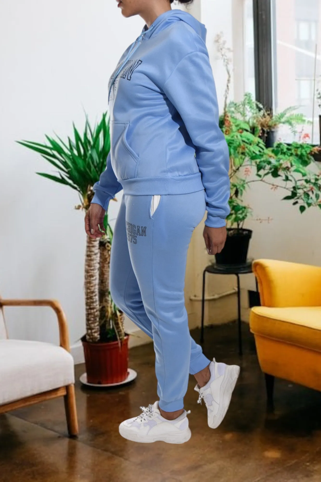 Letter Graphic Blue Hoody Tracksuit Set