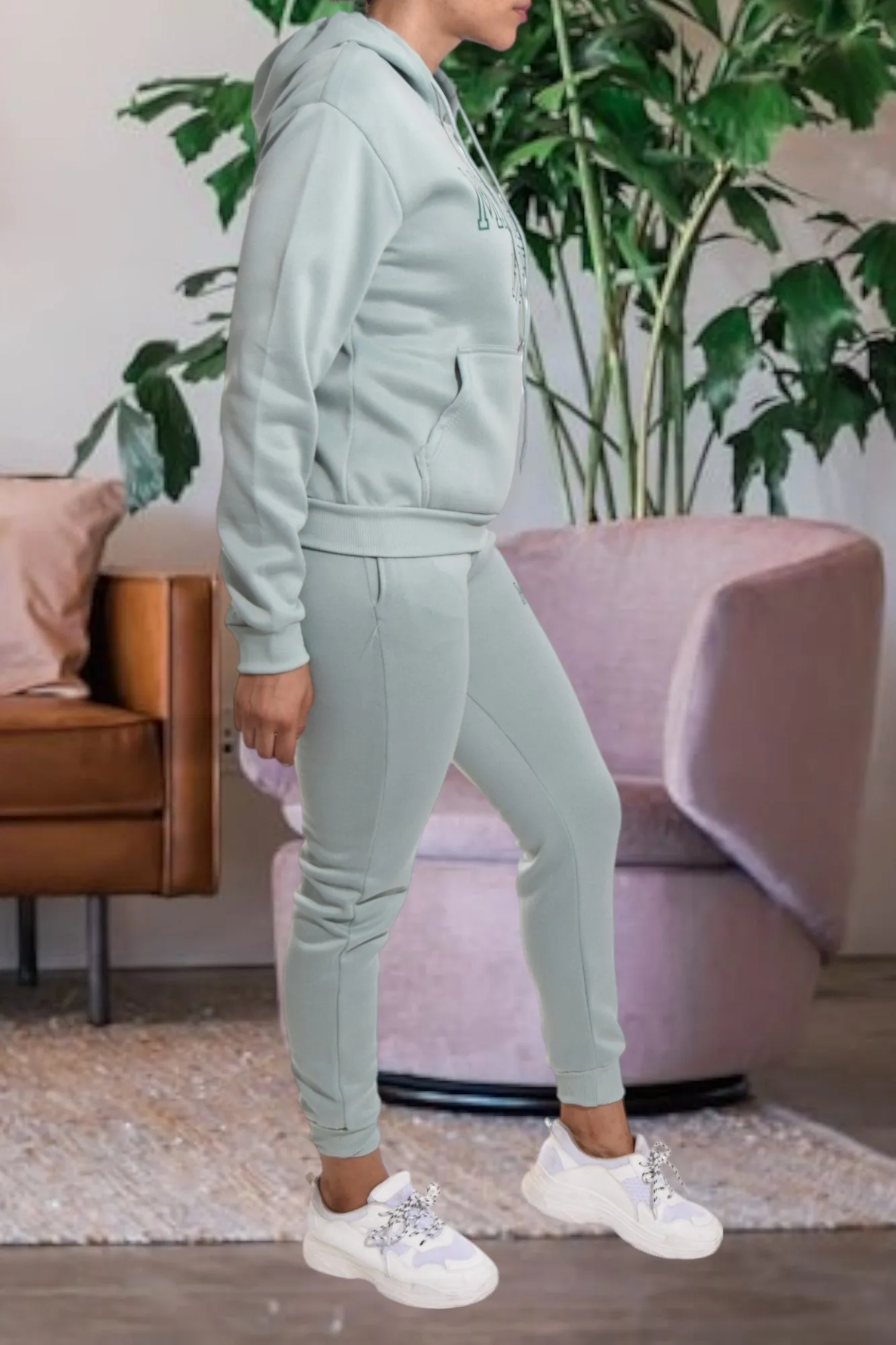 Letter Graphic Light Green Hoody Tracksuit Set