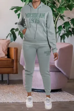 Letter Graphic Light Green Hoody Tracksuit Set