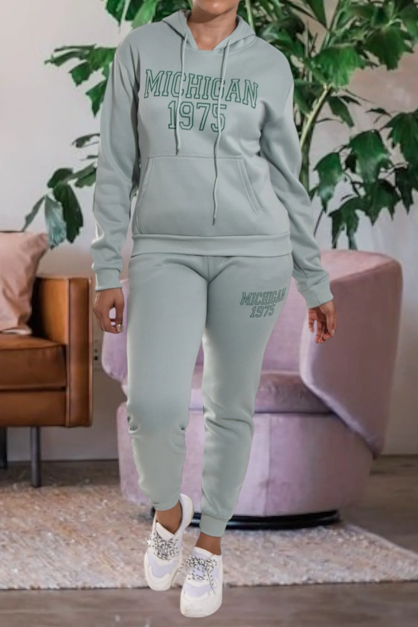 Letter Graphic Light Green Hoody Tracksuit Set