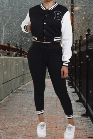 Letter Printed Blk/White Base Ball Crop Set