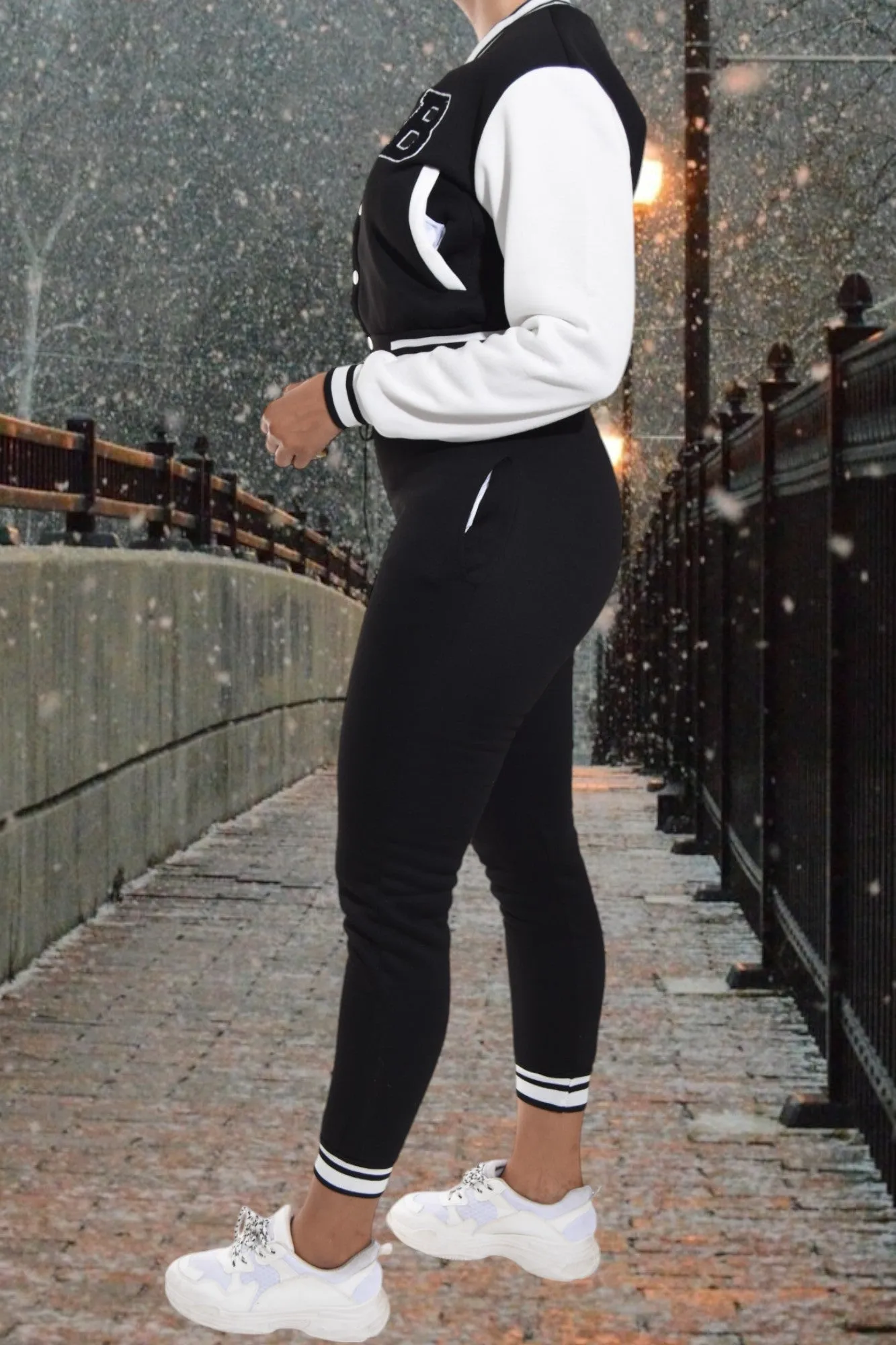 Letter Printed Blk/White Base Ball Crop Set
