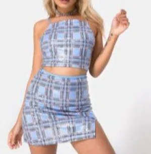 Light Sequin 90's Check Print Square Neck Spaghetti Strap Crop Top
