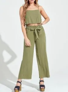 Linen Blend Adjustable Spaghetti Strap Fray Hem Crop Top