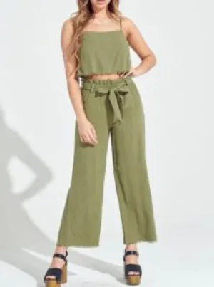 Linen Blend Adjustable Spaghetti Strap Fray Hem Crop Top