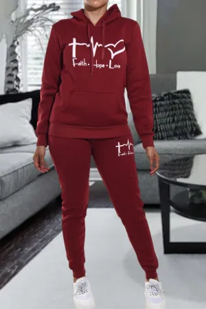 Maroon Love  Fleece Tracksuit Set