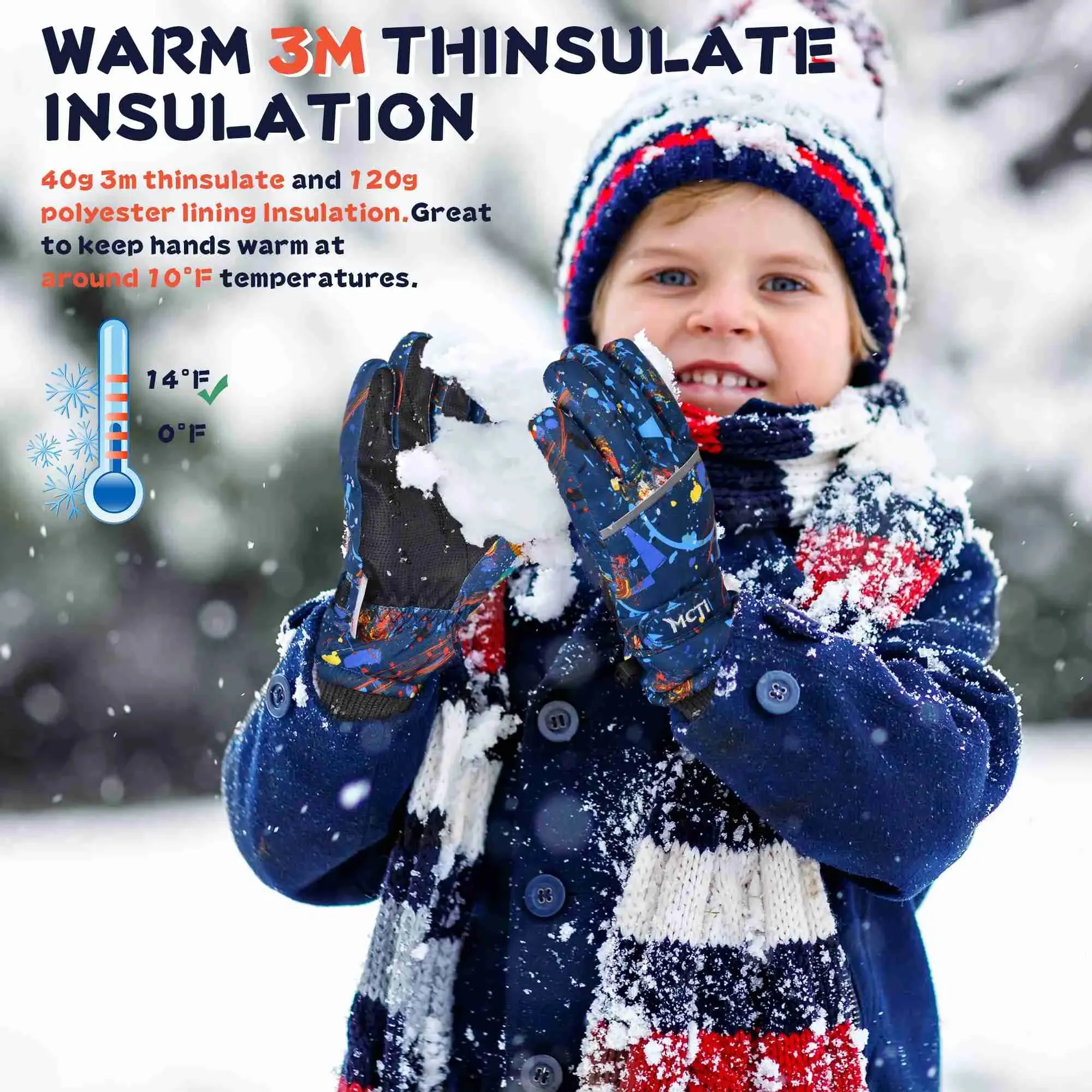 MCTi Kids Ski Gloves - Winter Waterproof Gloves with Knit Cuffs (5-13 Years)