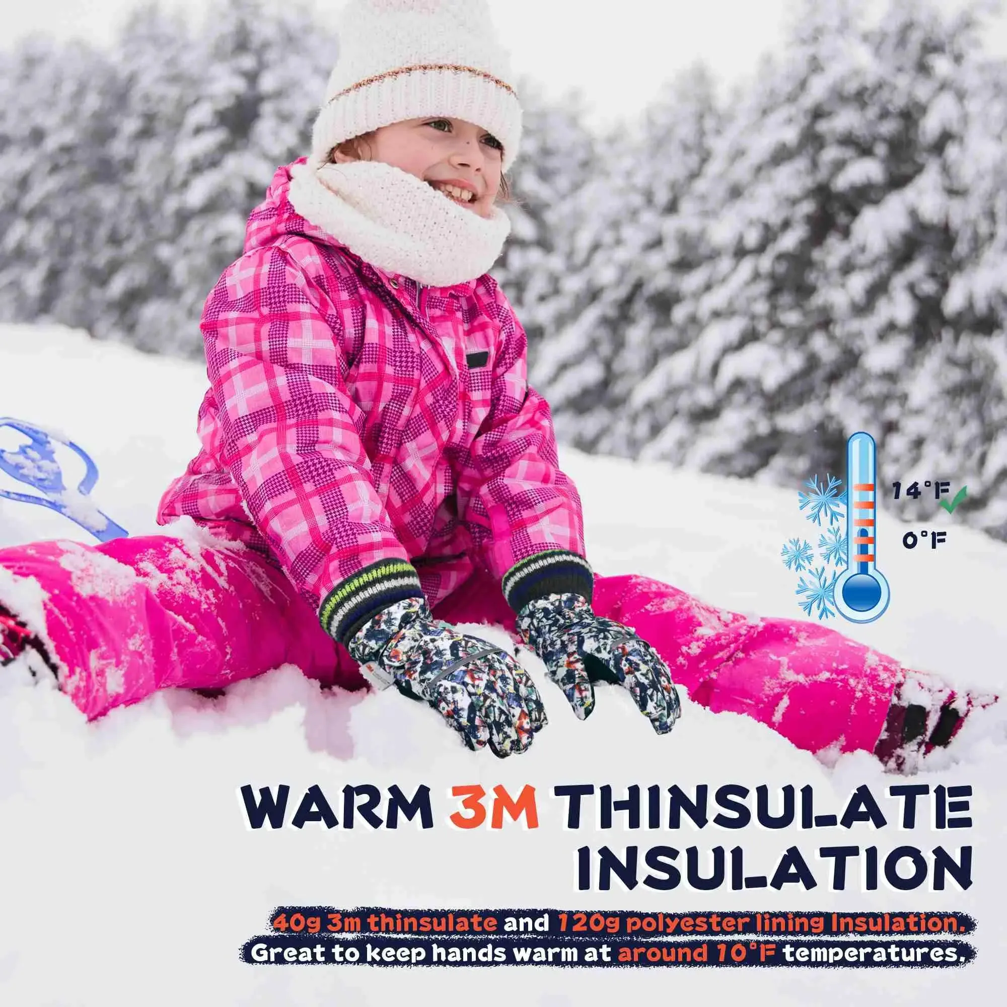 MCTi Kids Ski Gloves - Winter Waterproof Gloves with Knit Cuffs (5-13 Years)
