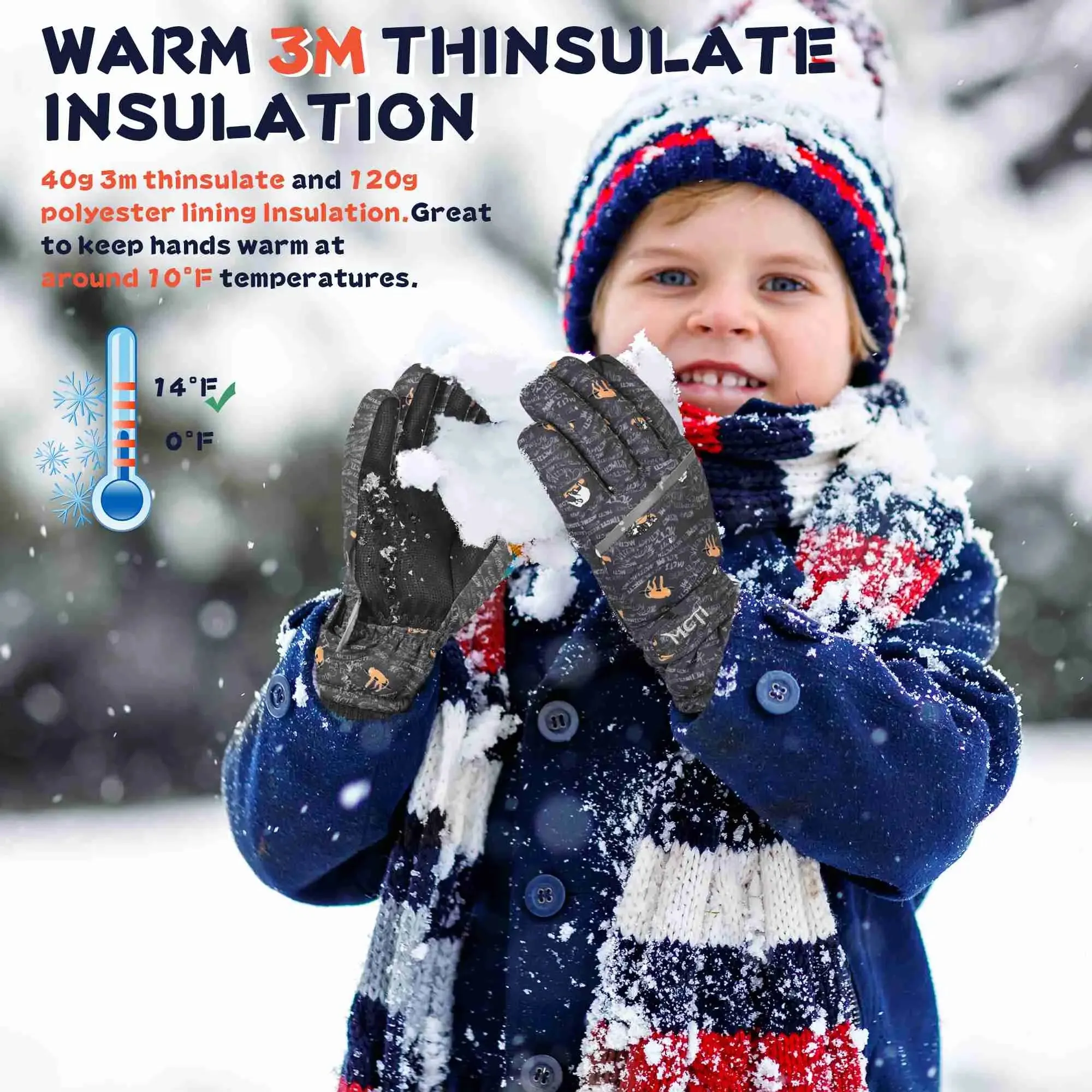 MCTi Kids Ski Gloves - Winter Waterproof Gloves with Knit Cuffs (5-13 Years)