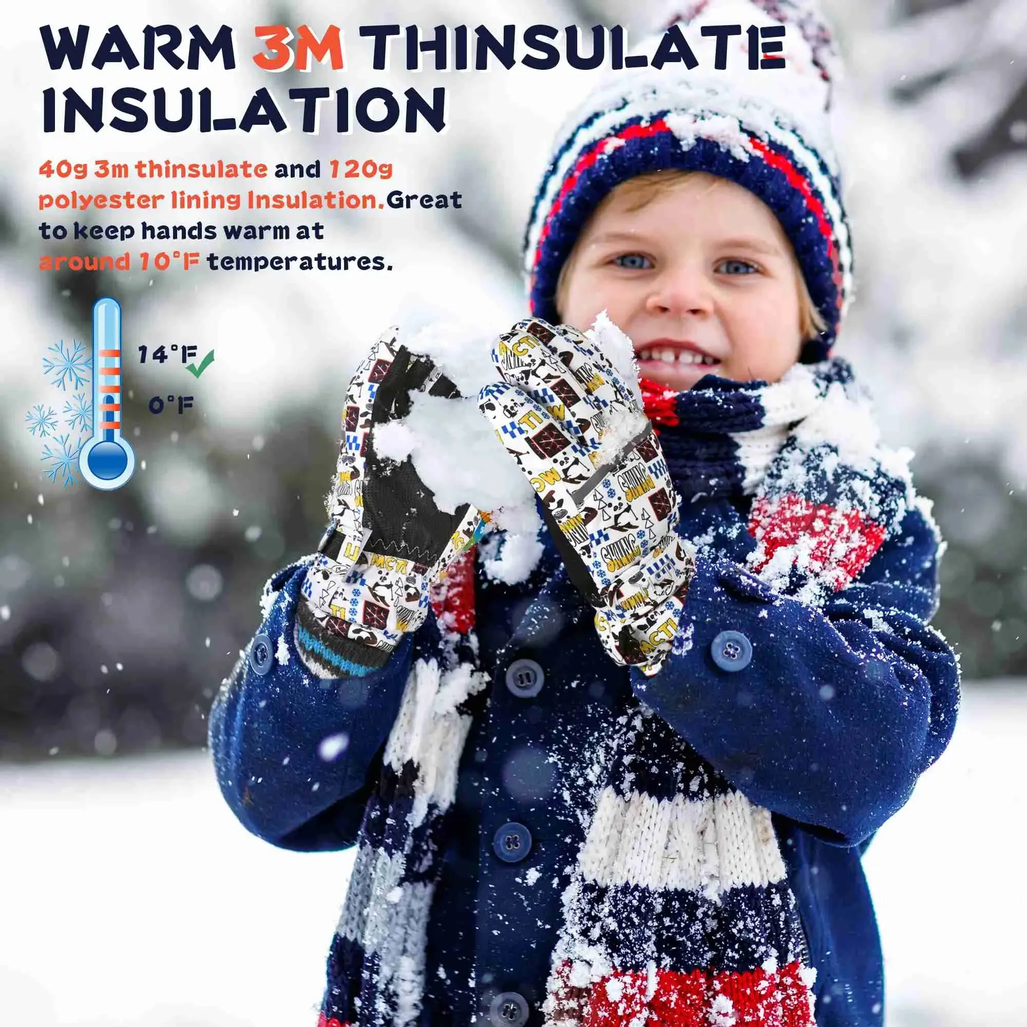 MCTi Kids Ski Gloves - Winter Waterproof Gloves with Knit Cuffs (5-13 Years)