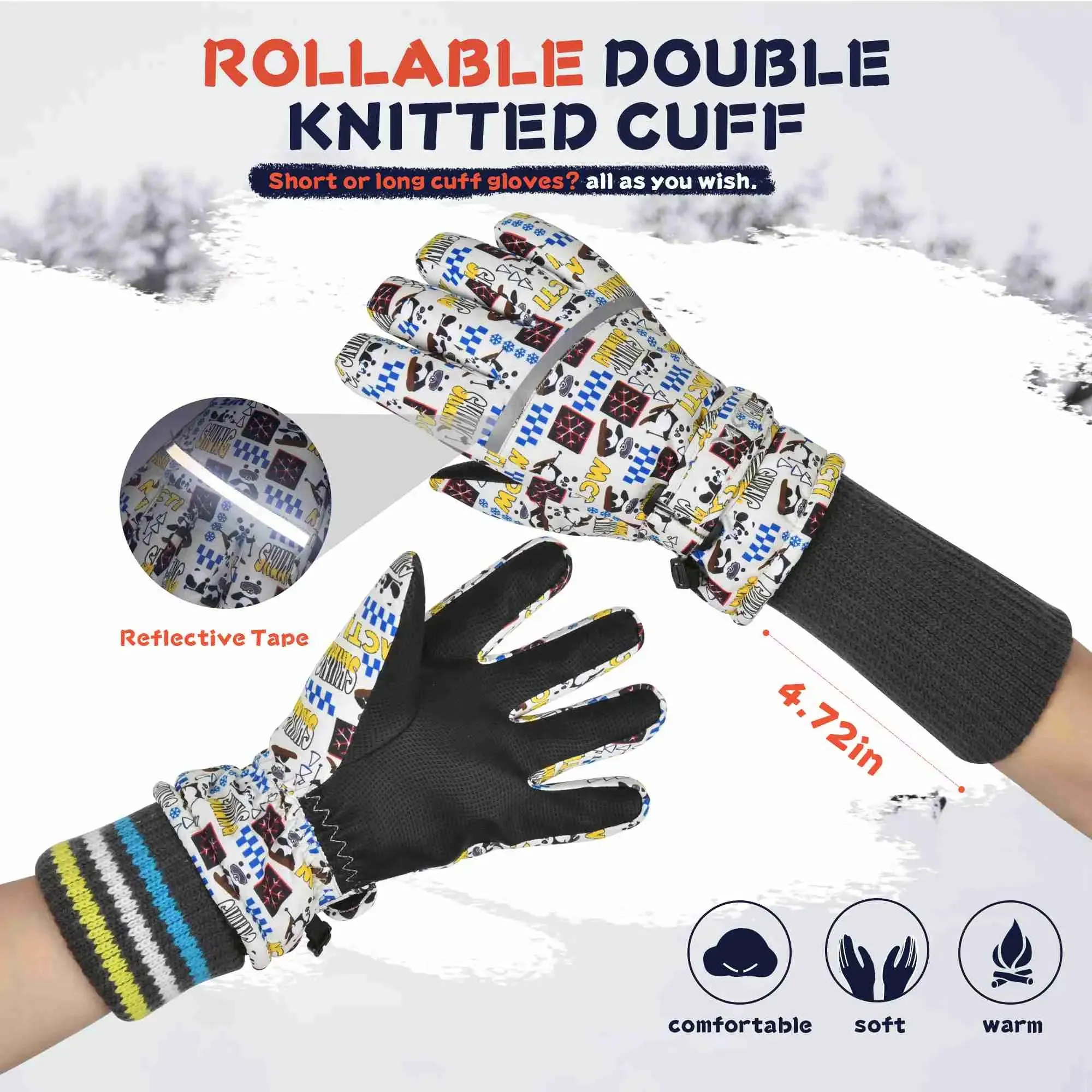 MCTi Kids Ski Gloves - Winter Waterproof Gloves with Knit Cuffs (5-13 Years)