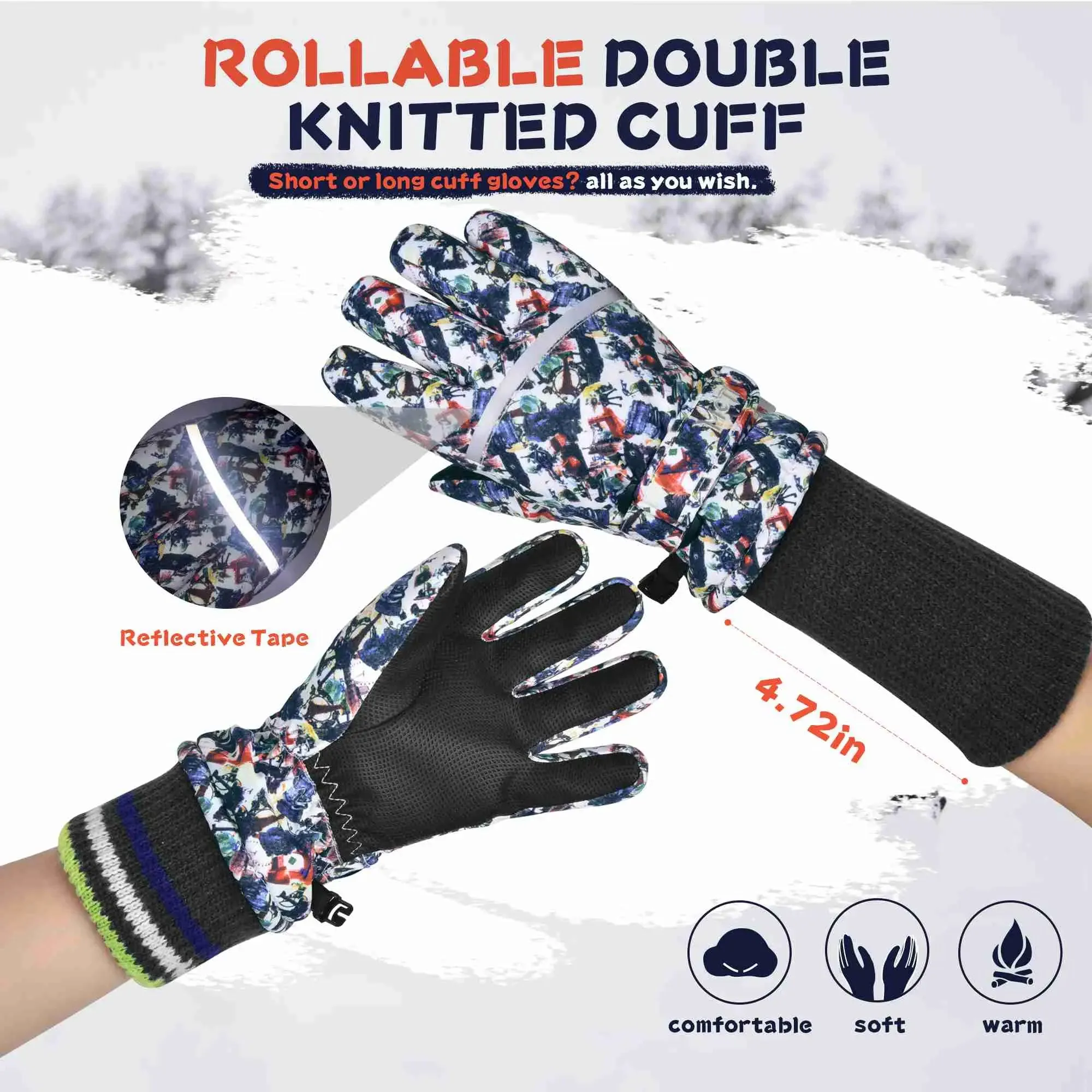 MCTi Kids Ski Gloves - Winter Waterproof Gloves with Knit Cuffs (5-13 Years)