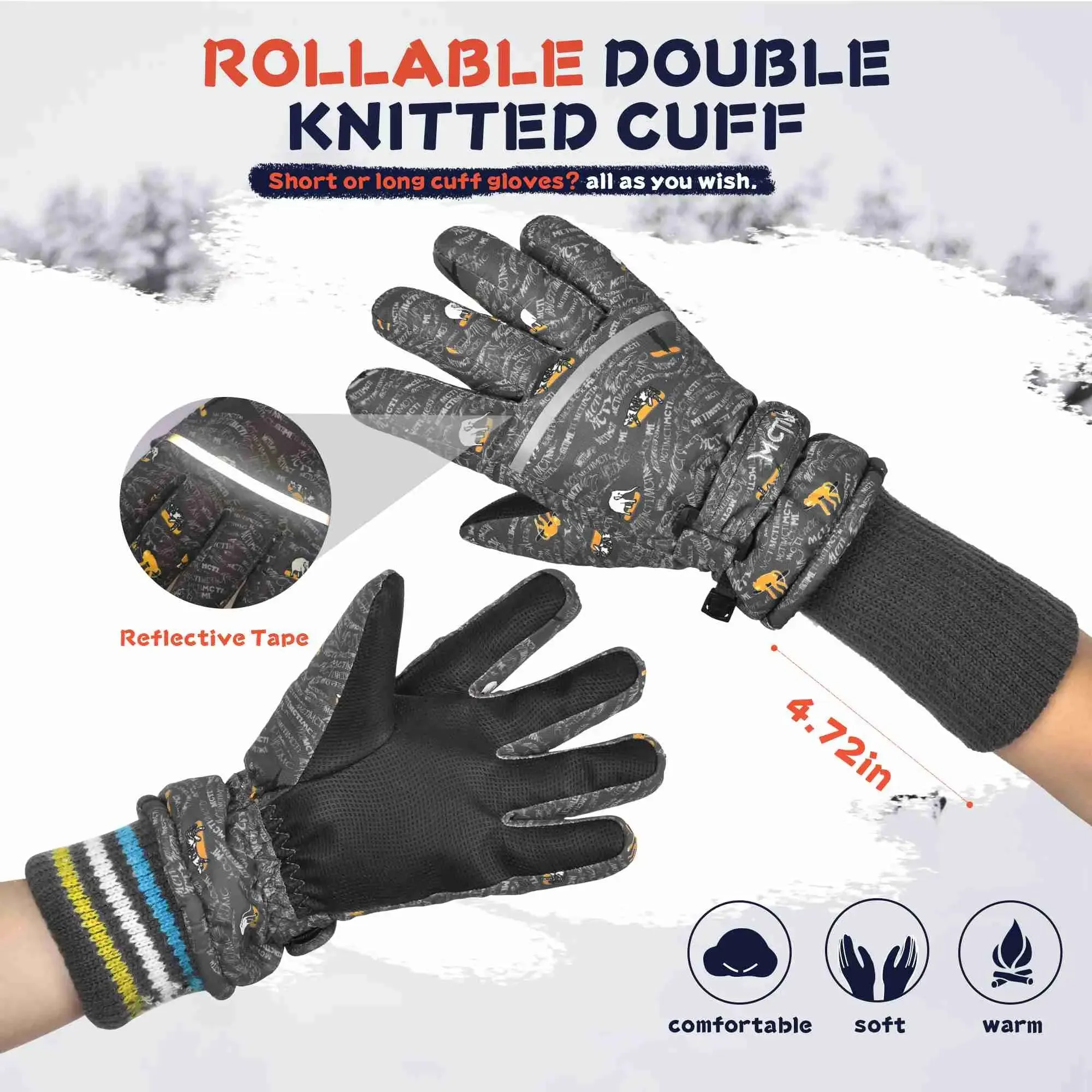 MCTi Kids Ski Gloves - Winter Waterproof Gloves with Knit Cuffs (5-13 Years)