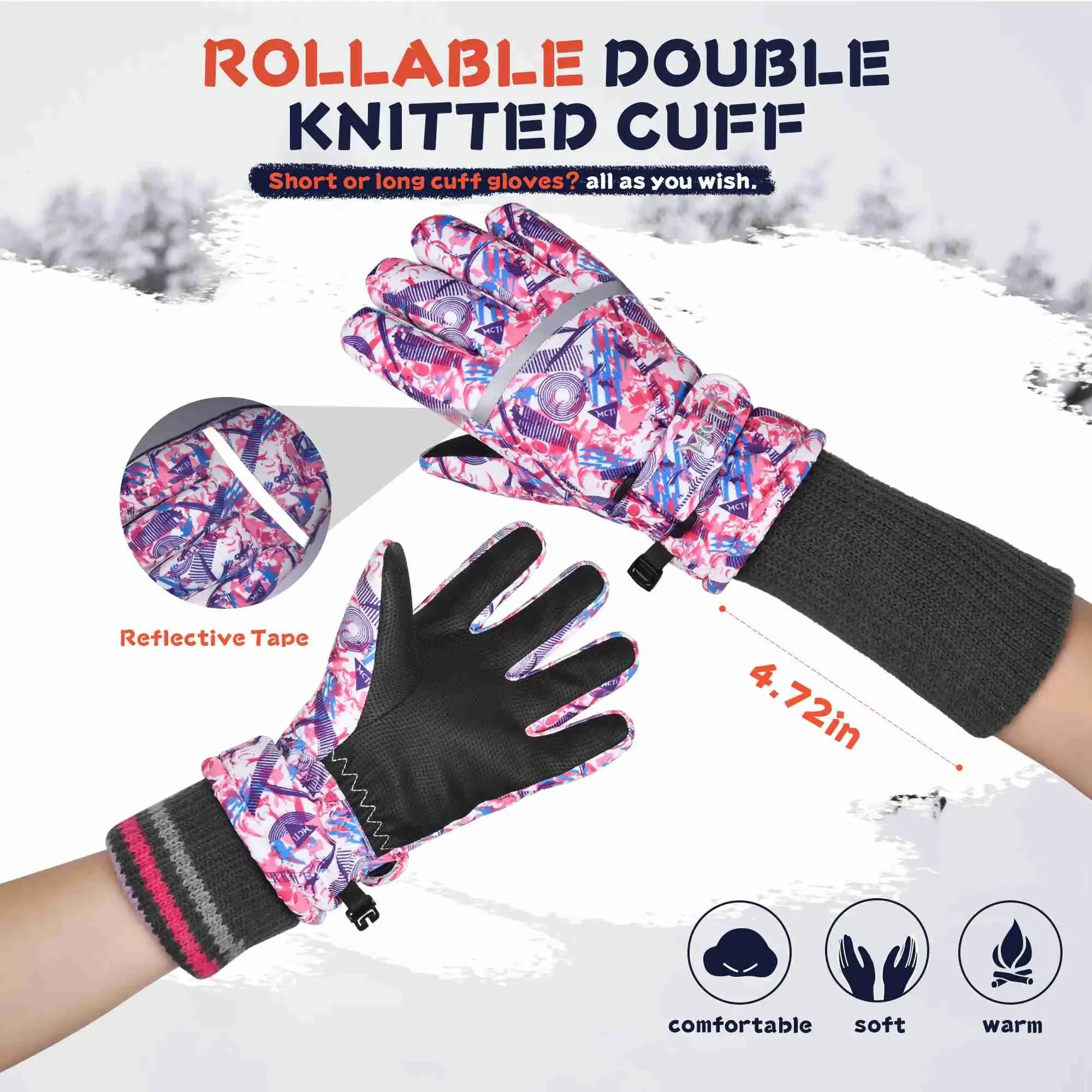 MCTi Kids Ski Gloves - Winter Waterproof Gloves with Knit Cuffs (5-13 Years)
