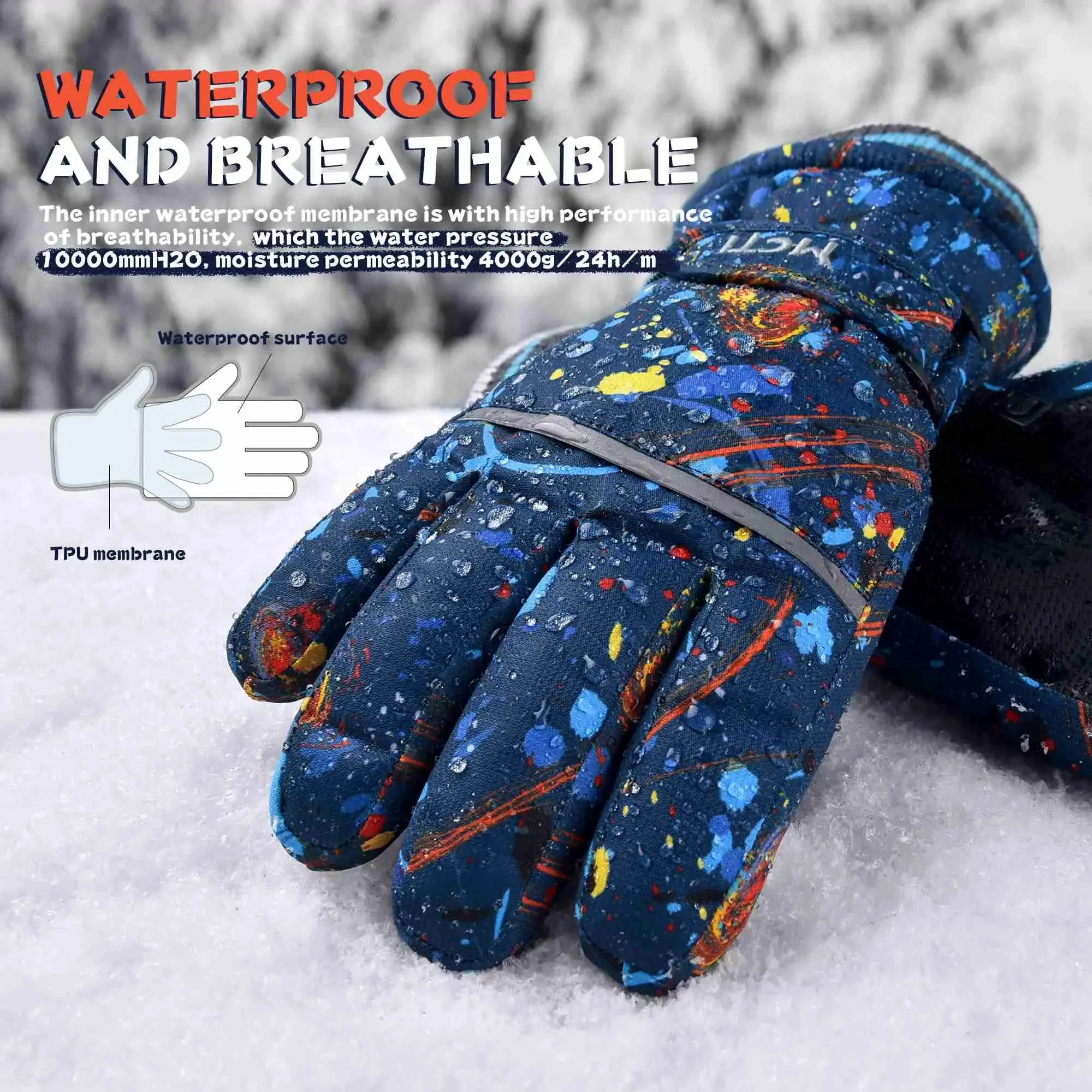 MCTi Kids Ski Gloves - Winter Waterproof Gloves with Knit Cuffs (5-13 Years)