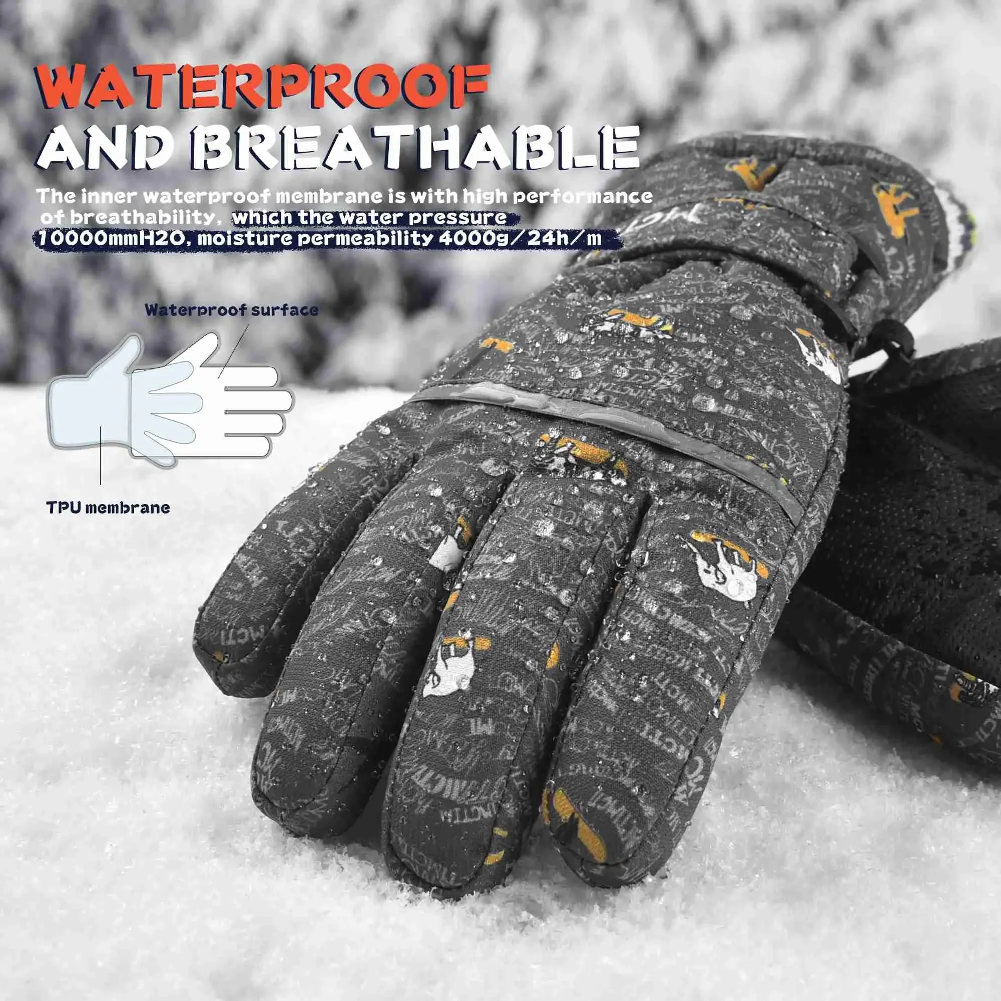 MCTi Kids Ski Gloves - Winter Waterproof Gloves with Knit Cuffs (5-13 Years)