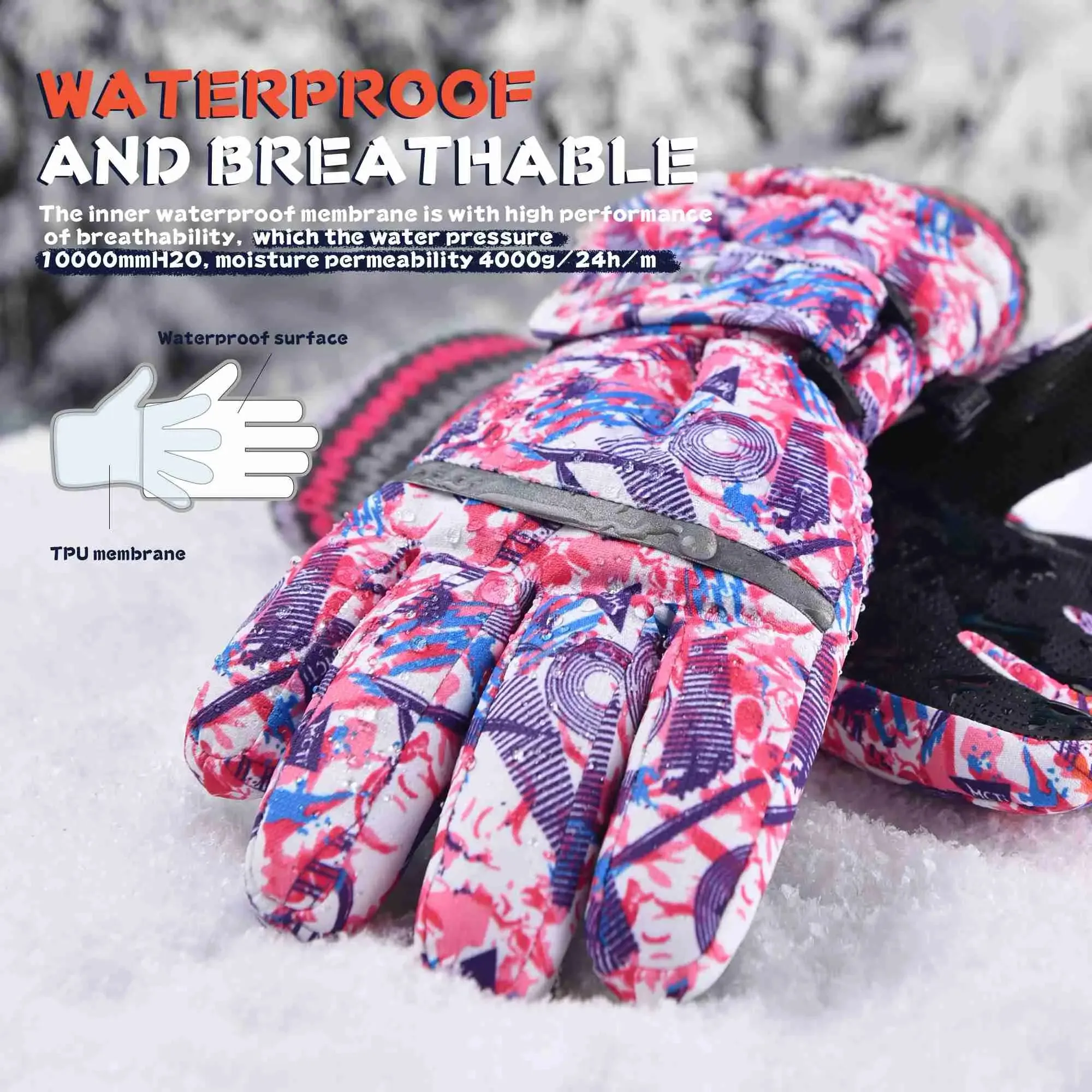 MCTi Kids Ski Gloves - Winter Waterproof Gloves with Knit Cuffs (5-13 Years)