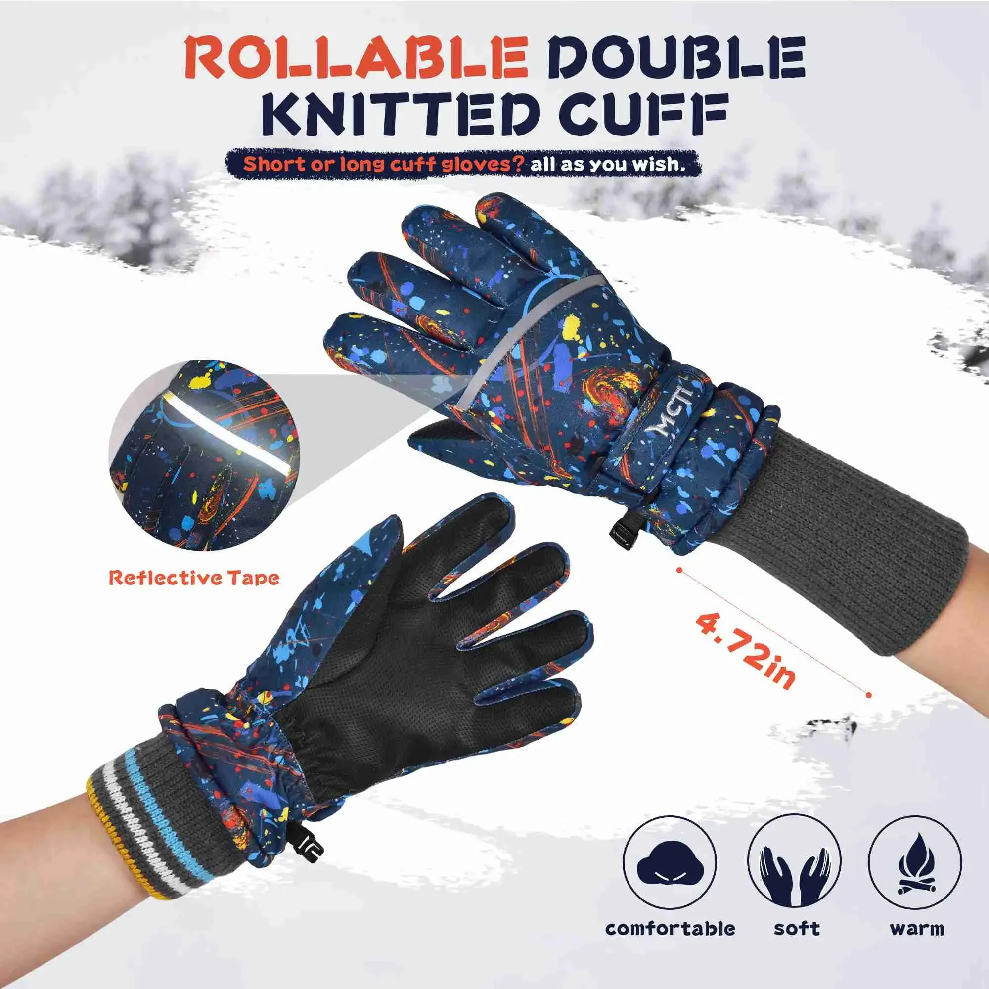 MCTi Kids Ski Gloves - Winter Waterproof Gloves with Knit Cuffs (5-13 Years)