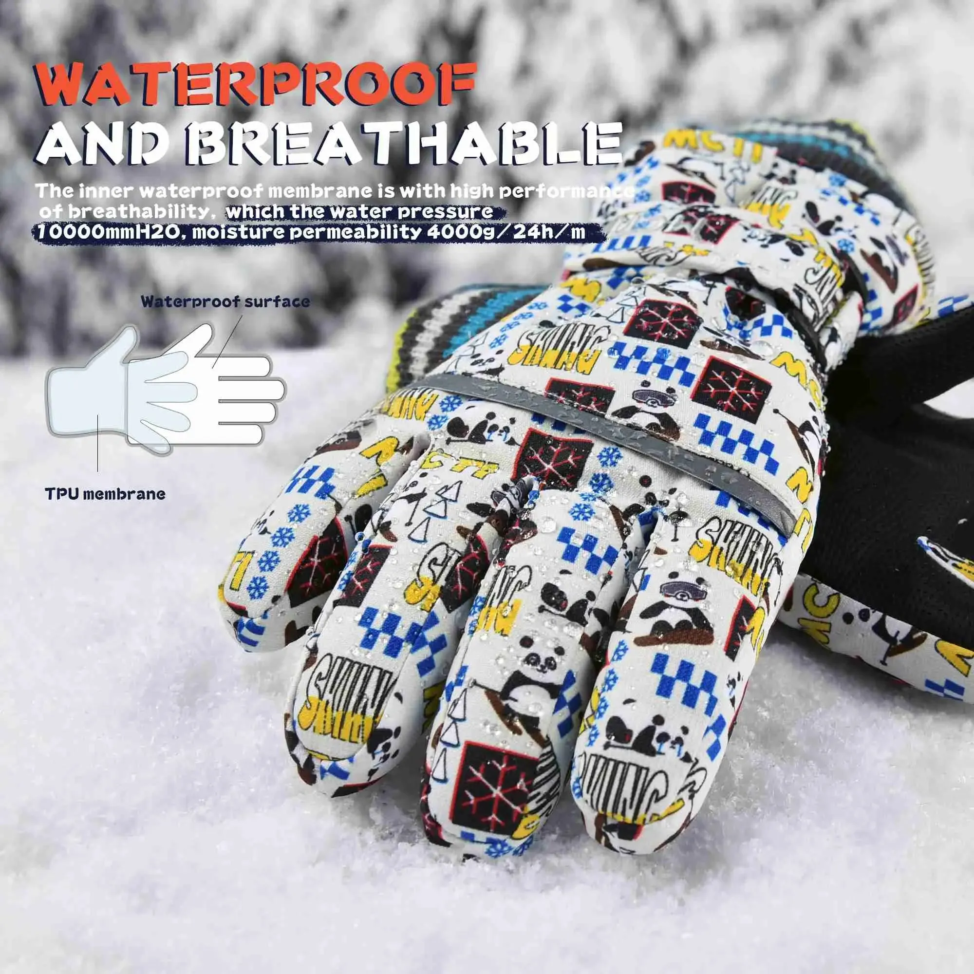 MCTi Kids Ski Gloves - Winter Waterproof Gloves with Knit Cuffs (5-13 Years)