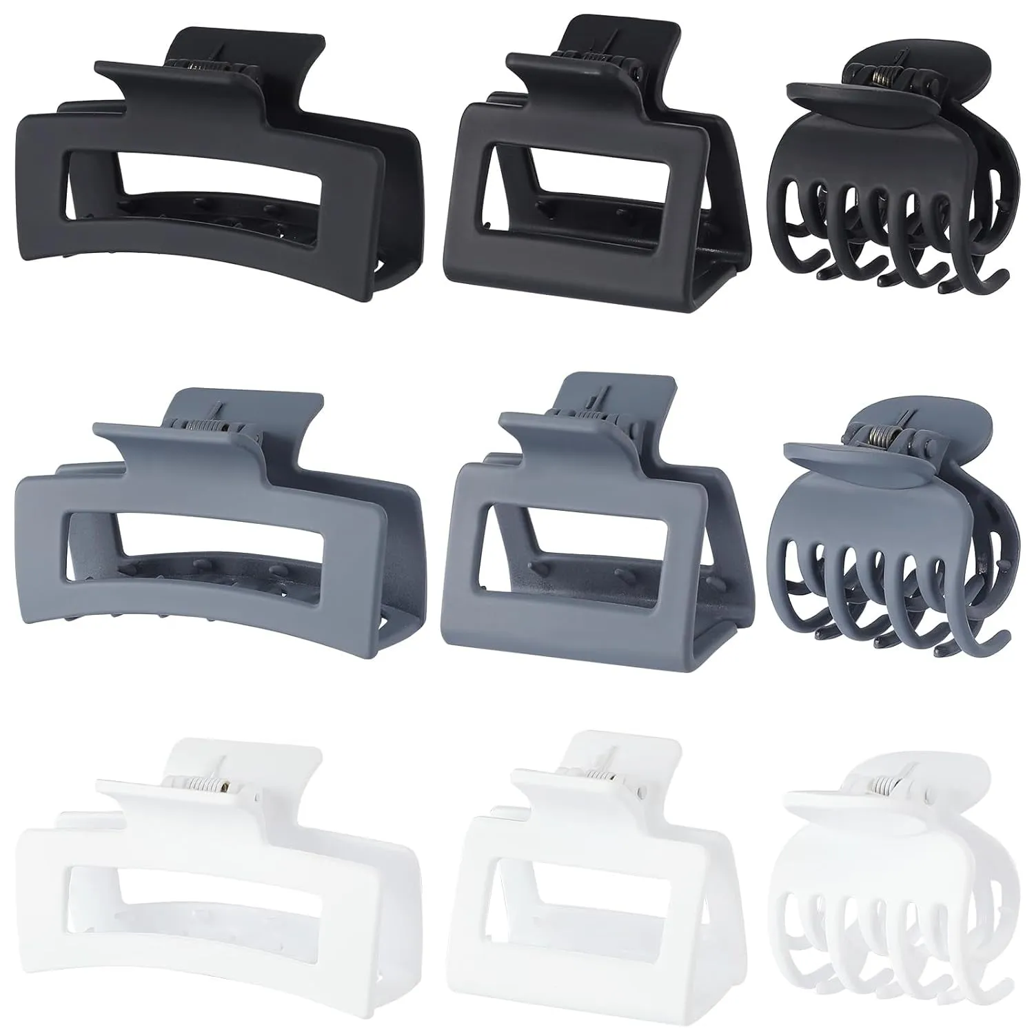 Medium Claw Hair Clips Set for Women - 3 Styles, 9 Pcs Rectangle Clips for Thick Hair, Square Clips for Thin Hair - Brown