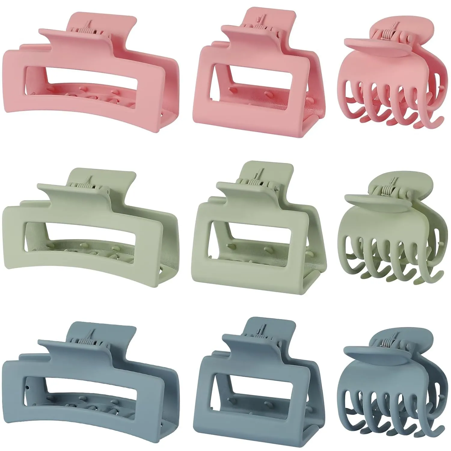 Medium Claw Hair Clips Set for Women - 3 Styles, 9 Pcs Rectangle Clips for Thick Hair, Square Clips for Thin Hair - Brown