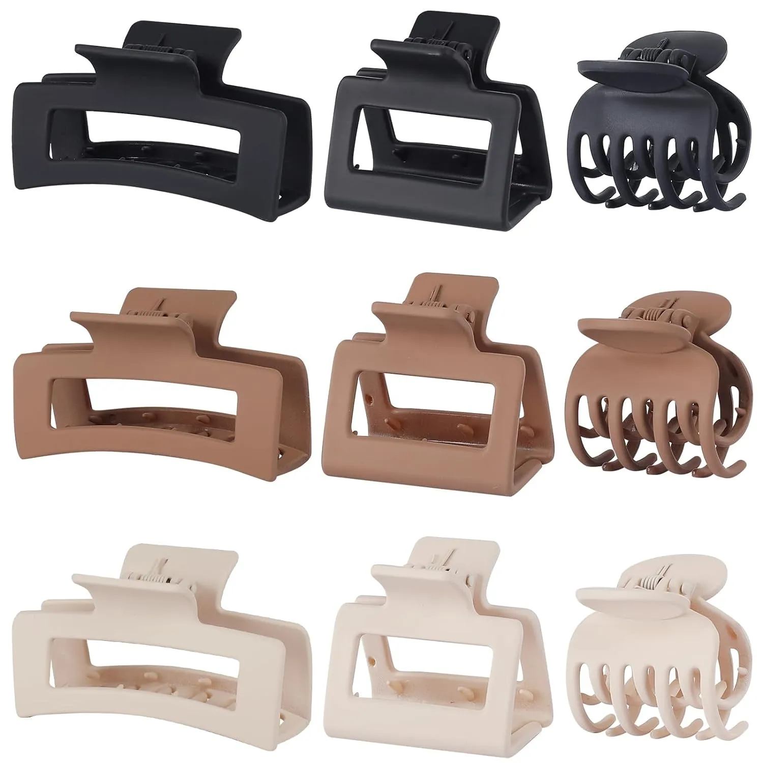 Medium Claw Hair Clips Set for Women - 3 Styles, 9 Pcs Rectangle Clips for Thick Hair, Square Clips for Thin Hair - Brown