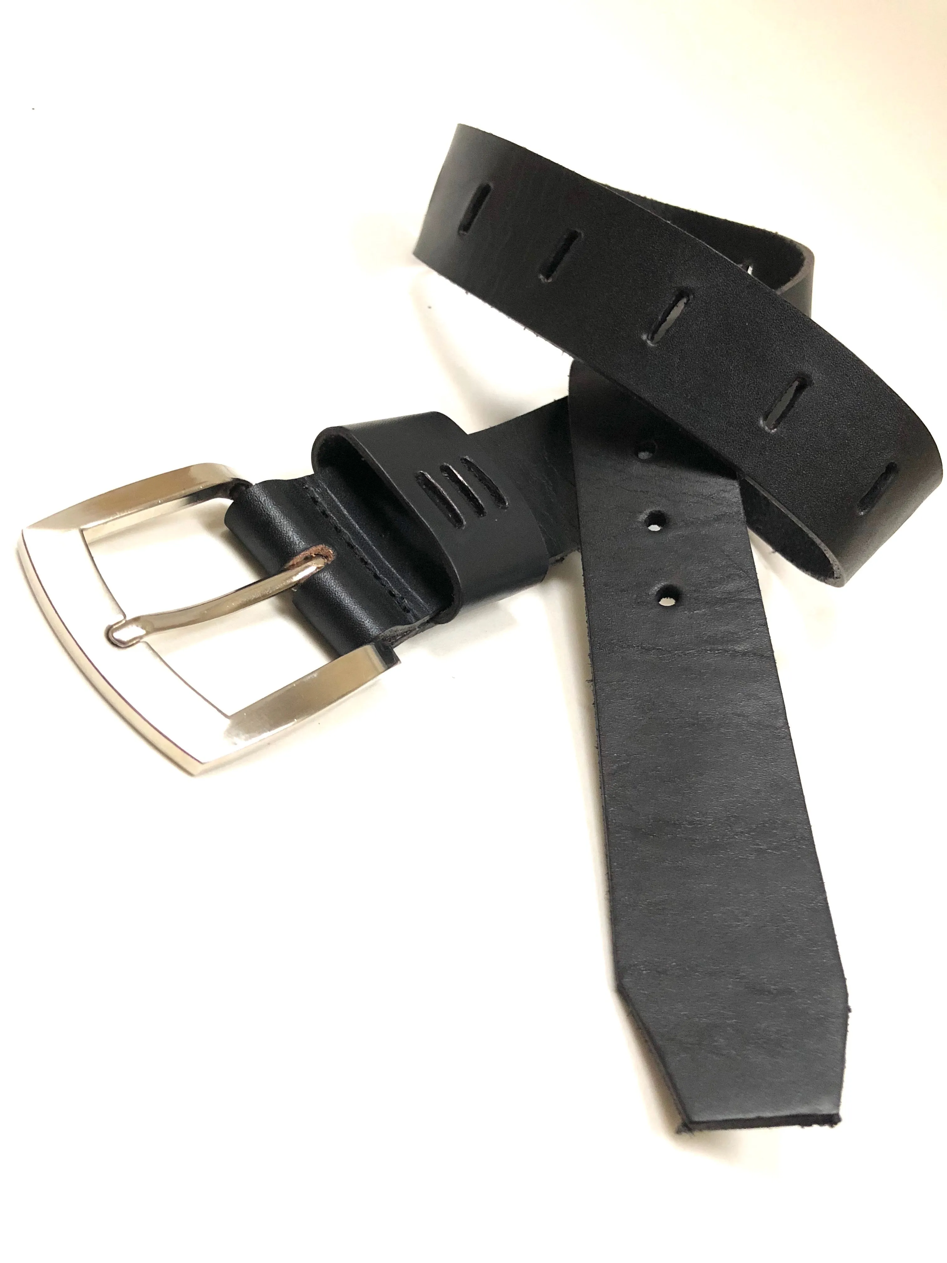 Men's Black Leather Perforated Belt with Silver Tone Buckle 34A3