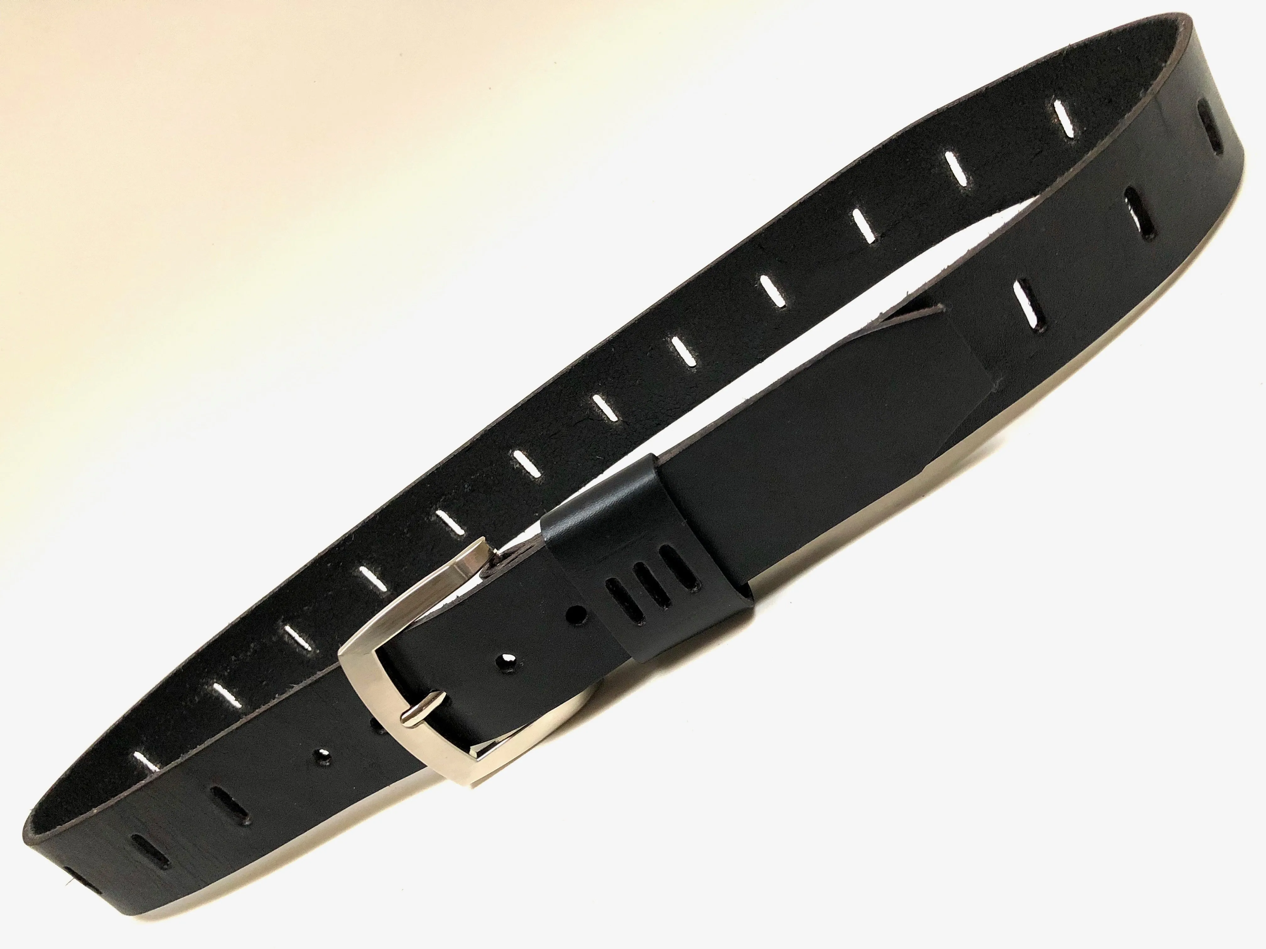 Men's Black Leather Perforated Belt with Silver Tone Buckle 34A3