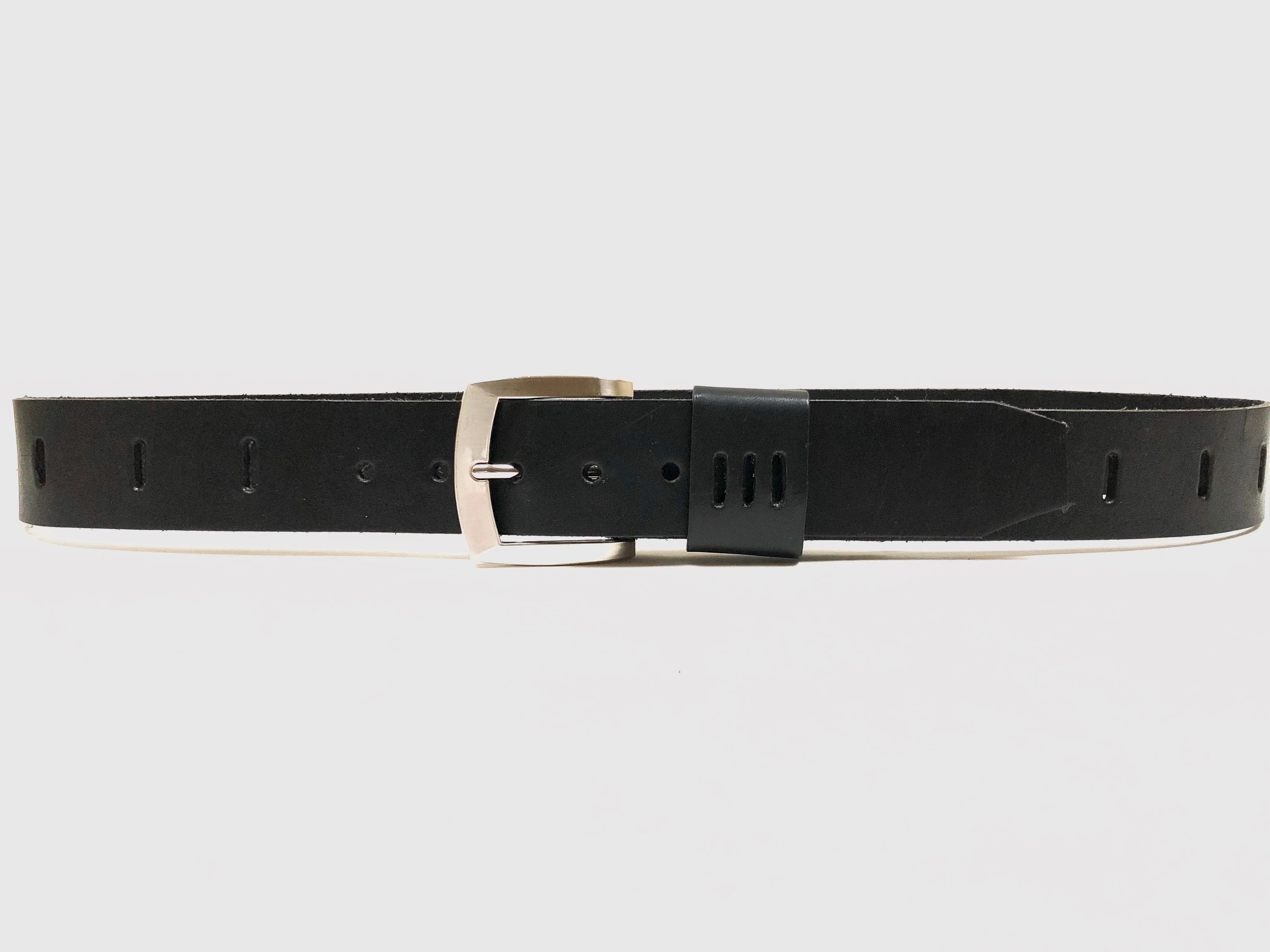 Men's Black Leather Perforated Belt with Silver Tone Buckle 34A3