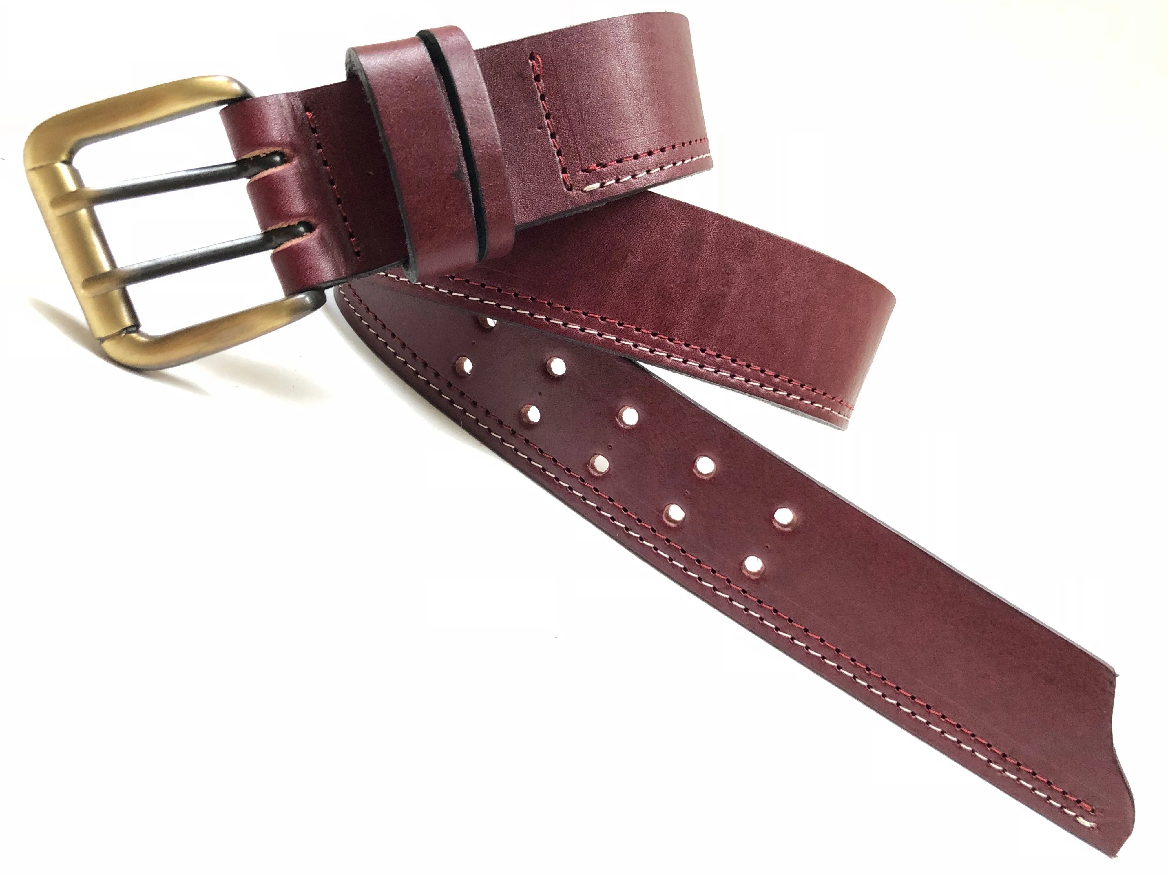 Men's Burgandy Leather Belt with 2 Prongs Antique Brass Tone Buckle 34A4