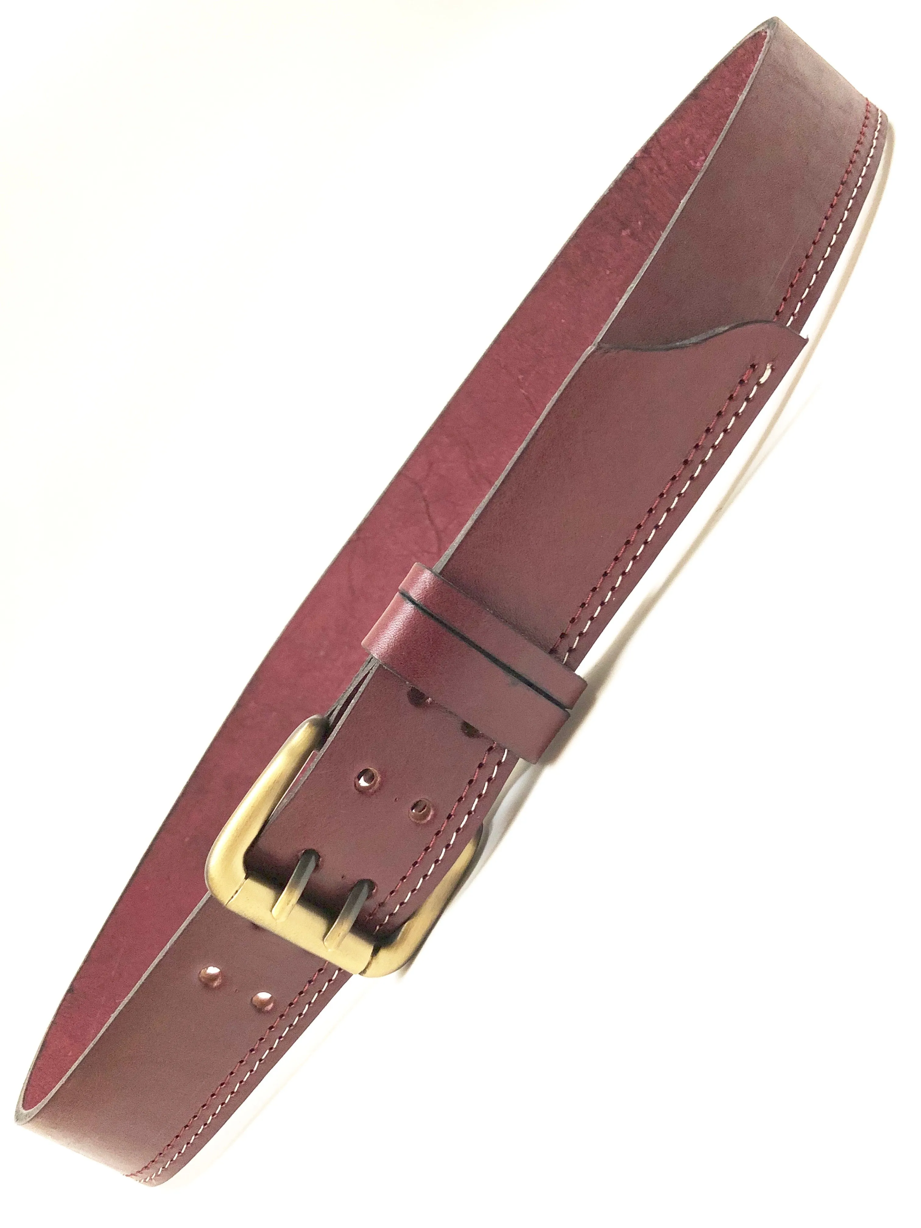 Men's Burgandy Leather Belt with 2 Prongs Antique Brass Tone Buckle 34A4